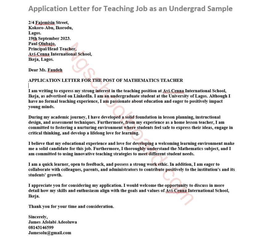 Application Letter for a Teaching Job as an Undergrad